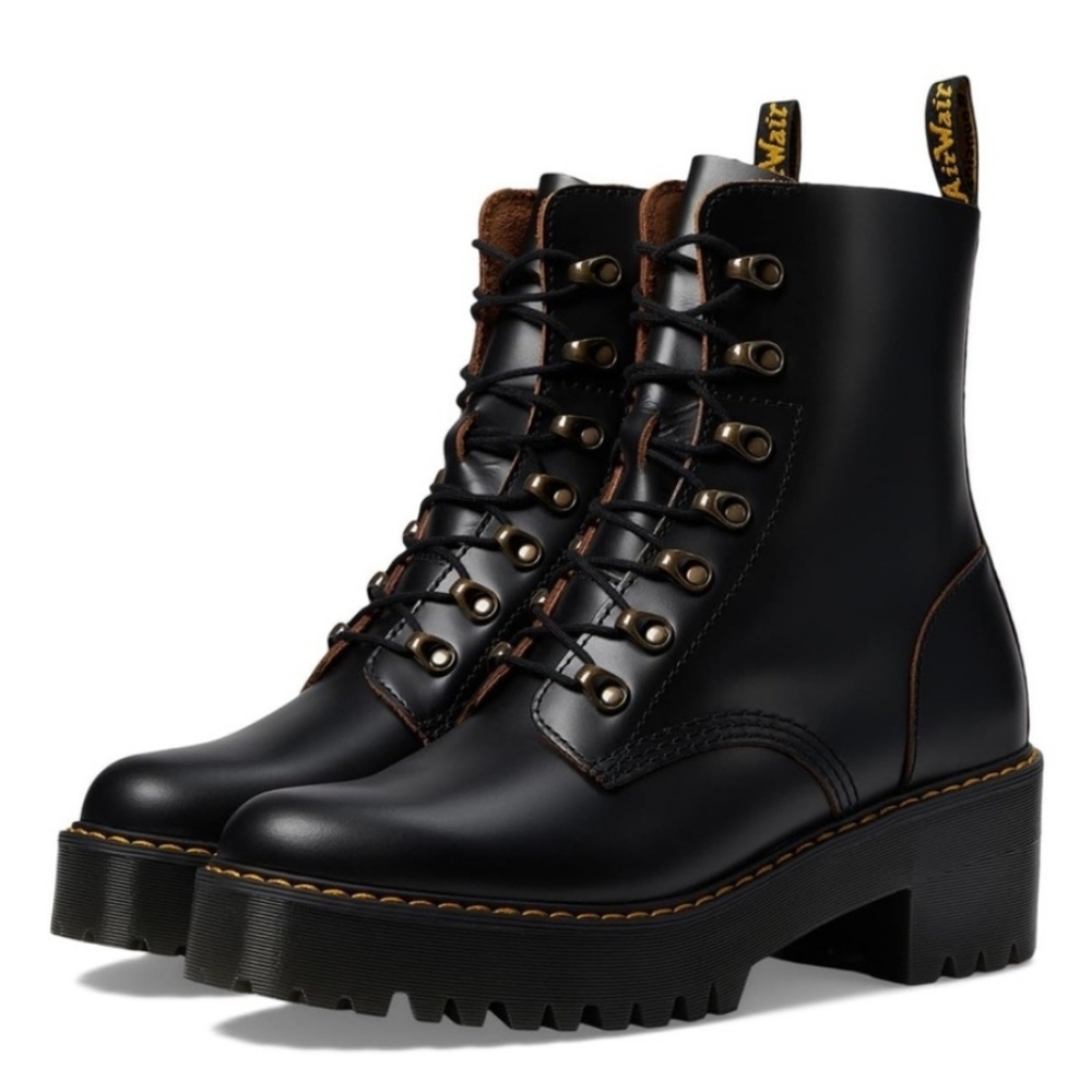 Dr. Martens Leona Mid Heel Platform Combat Boots, Docs High Heel Leather, 90s - Picture 3 of 16